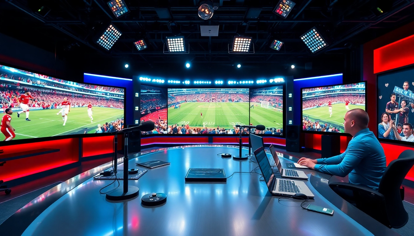 Engaging scene of sports broadcasting studio showcasing live sports footage and dynamic hosts.