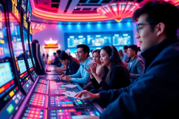 The thrilling atmosphere of online gambling at ev88win.live, showcasing dynamic players in a modern casino setting.
