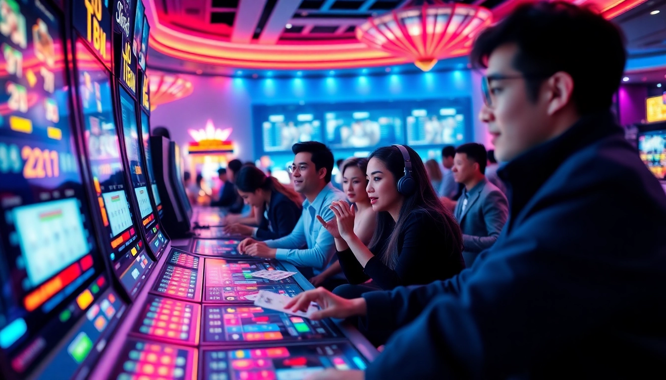 The thrilling atmosphere of online gambling at ev88win.live, showcasing dynamic players in a modern casino setting.