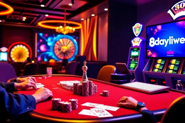 Experience the thrill of gambling at 8daywin.live with an action-packed poker game scene.