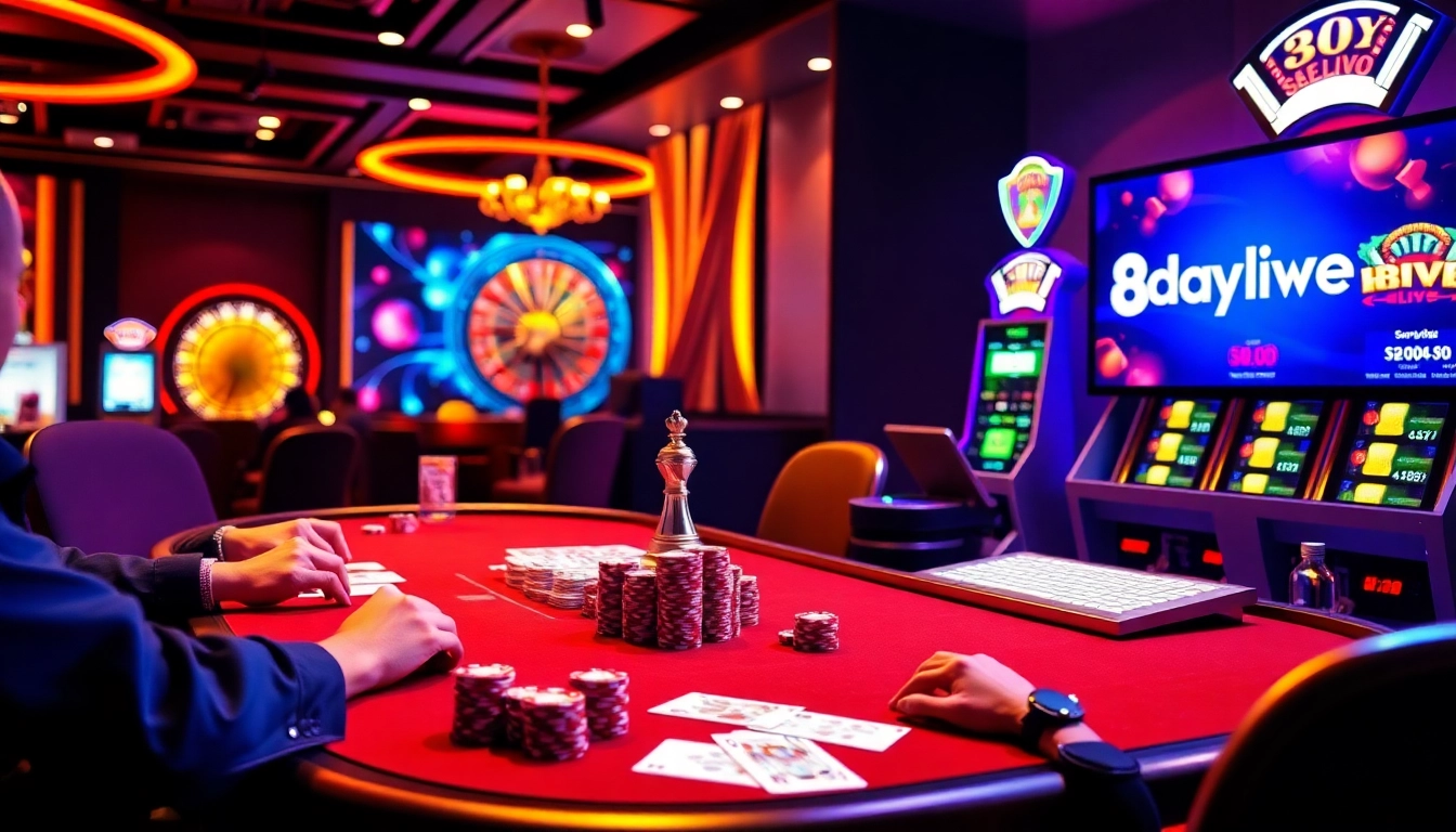 Experience the thrill of gambling at 8daywin.live with an action-packed poker game scene.