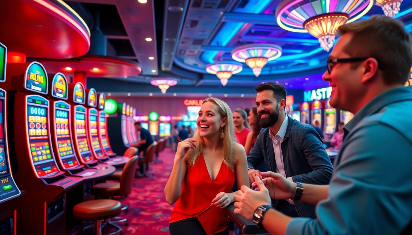 Exciting online gaming atmosphere at new88go.com featuring players and vibrant slot machines.