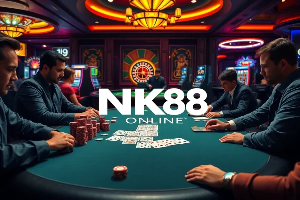 Engage in thrilling poker games at NK88 ONLINE casino, with vibrant chips and cards in view.