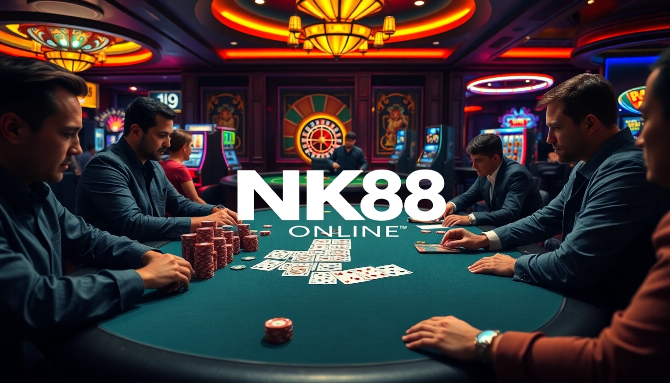 Engage in thrilling poker games at NK88 ONLINE casino, with vibrant chips and cards in view.