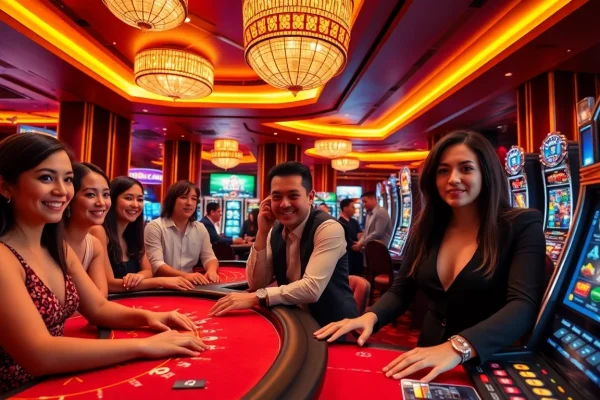 Casino experience at w88.nyc featuring players at baccarat and blackjack tables in a vibrant and luxurious setting.