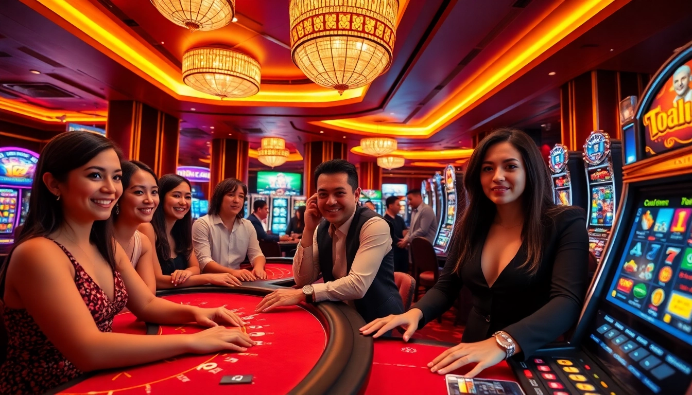 Casino experience at w88.nyc featuring players at baccarat and blackjack tables in a vibrant and luxurious setting.