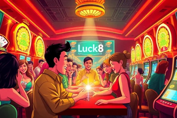 Experience the thrilling atmosphere of gambling at luck8win.live with players engaged in a lively casino scene.