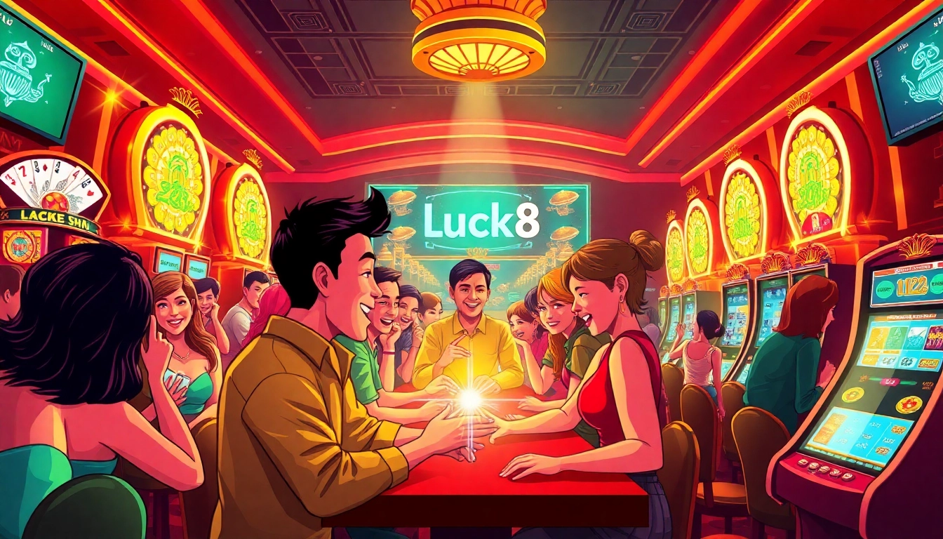 Experience the thrilling atmosphere of gambling at luck8win.live with players engaged in a lively casino scene.
