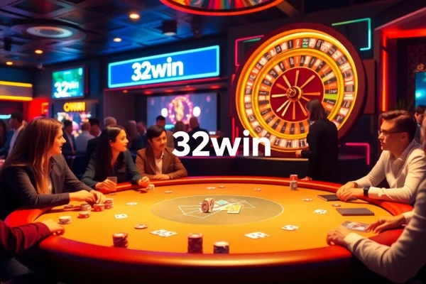 Experience the thrill of 32win with a vibrant poker table filled with colorful chips and cards.