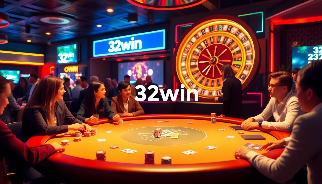 Experience the thrill of 32win with a vibrant poker table filled with colorful chips and cards.