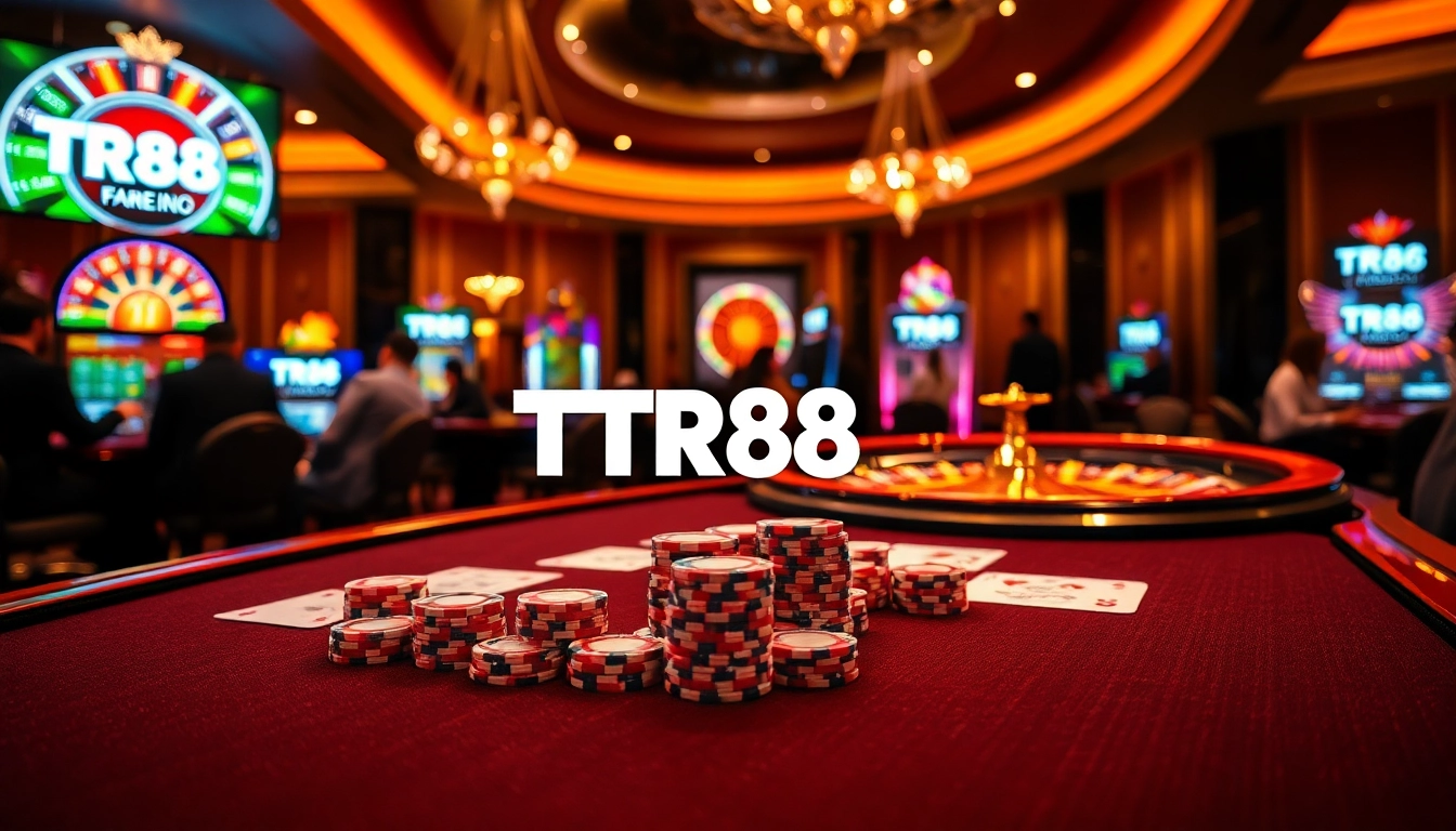The TR88 platform at https://tr88.bio/ showcases a luxurious casino atmosphere with players engaged in poker and roulette.