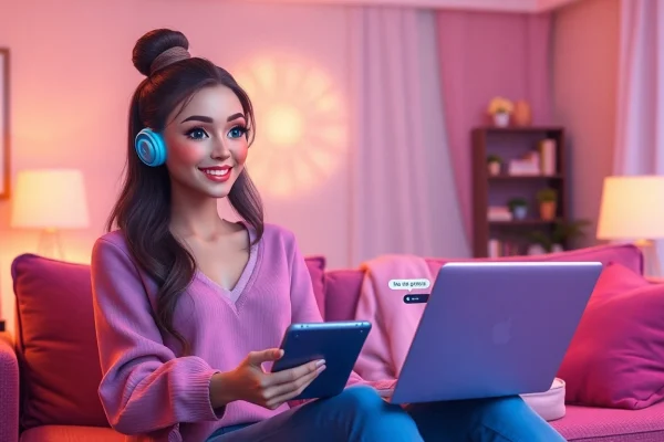 AI girlfriend virtual interaction in a cozy, modern living room setting