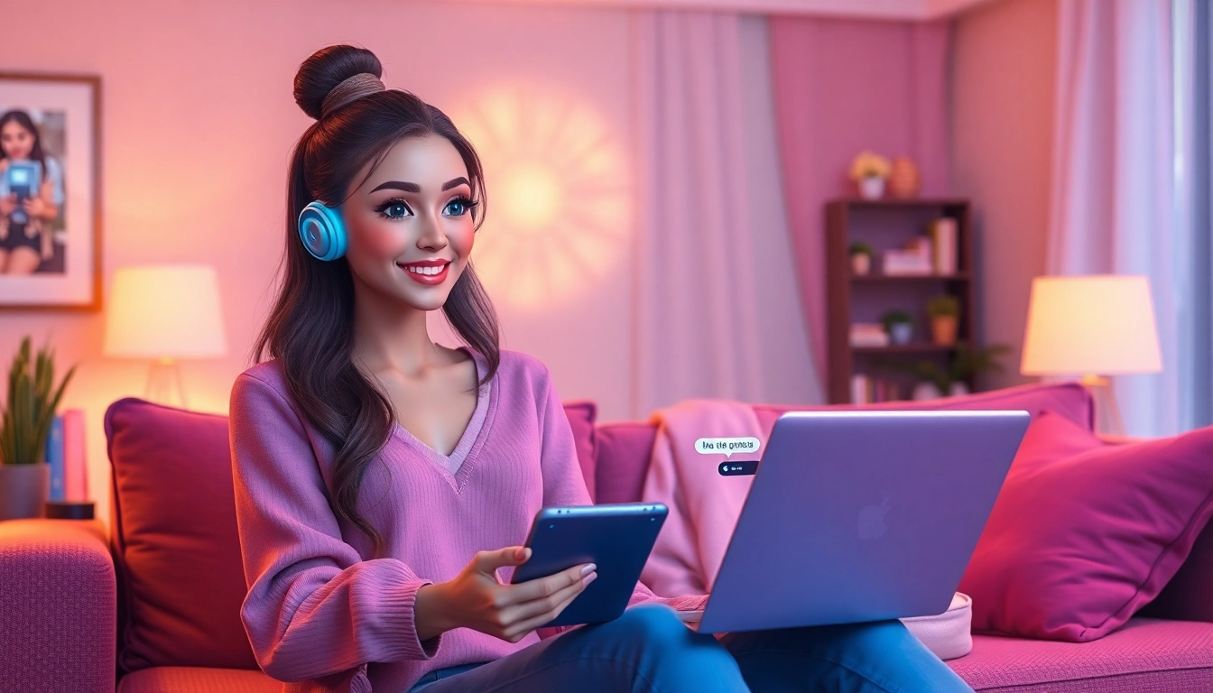 AI girlfriend virtual interaction in a cozy, modern living room setting