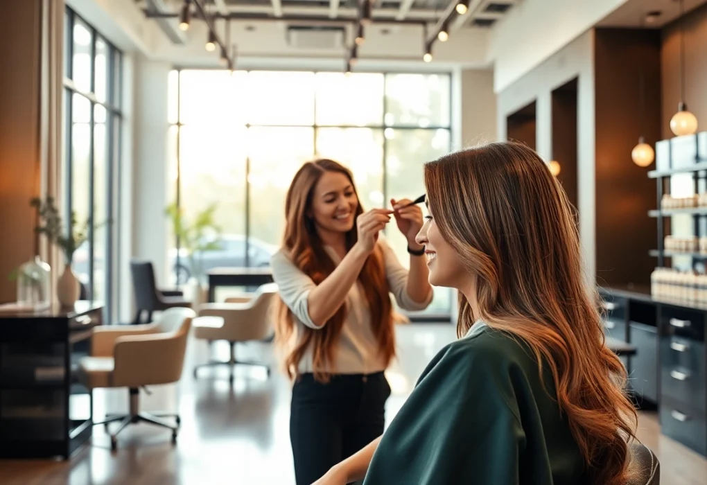 Stylish hairstyle service at addendum salon with professional stylist applying highlights