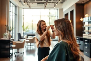 Stylish hairstyle service at addendum salon with professional stylist applying highlights