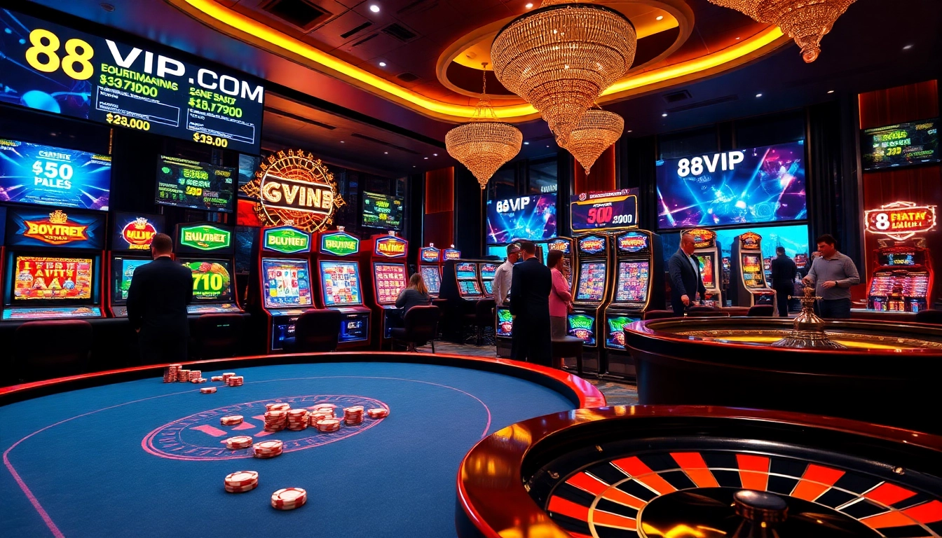 Players enjoy their winnings at 68VIP.COM's modern online casino featuring poker tables and slot machines.