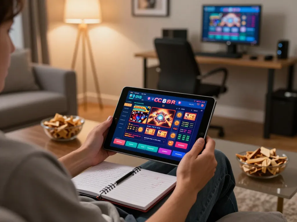 Engaged player using FC 88 app on tablet for strategic online casino gaming in cozy home setting.