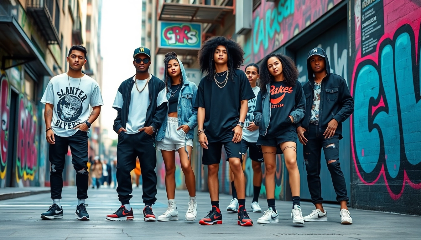 Trendy young adults wearing stylish streetwear clothes amidst a vibrant urban backdrop.