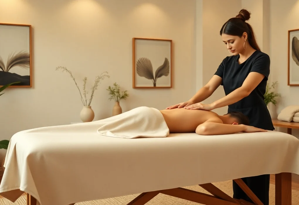 Deep tissue massage therapy in a serene, professional setting with a therapist and client.