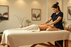 Deep tissue massage therapy in a serene, professional setting with a therapist and client.