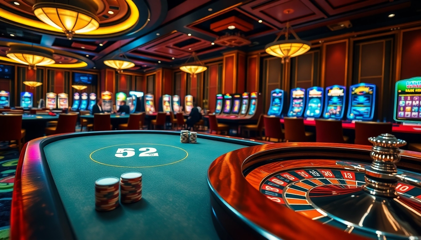 A captivating B52 casino scene with poker chips and roulette wheel reflecting high-energy gambling.
