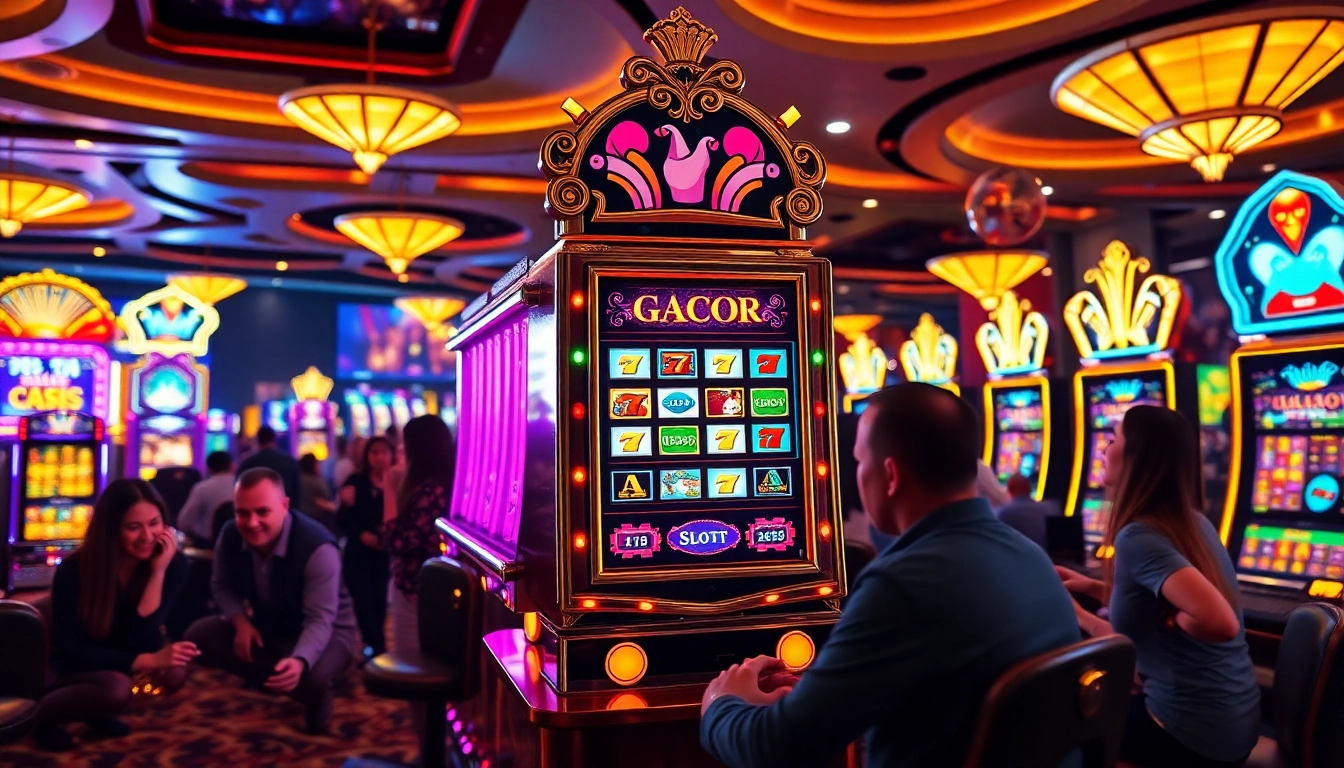 Excited players enjoying slot online gacor with vibrant slot machines and casino atmosphere.