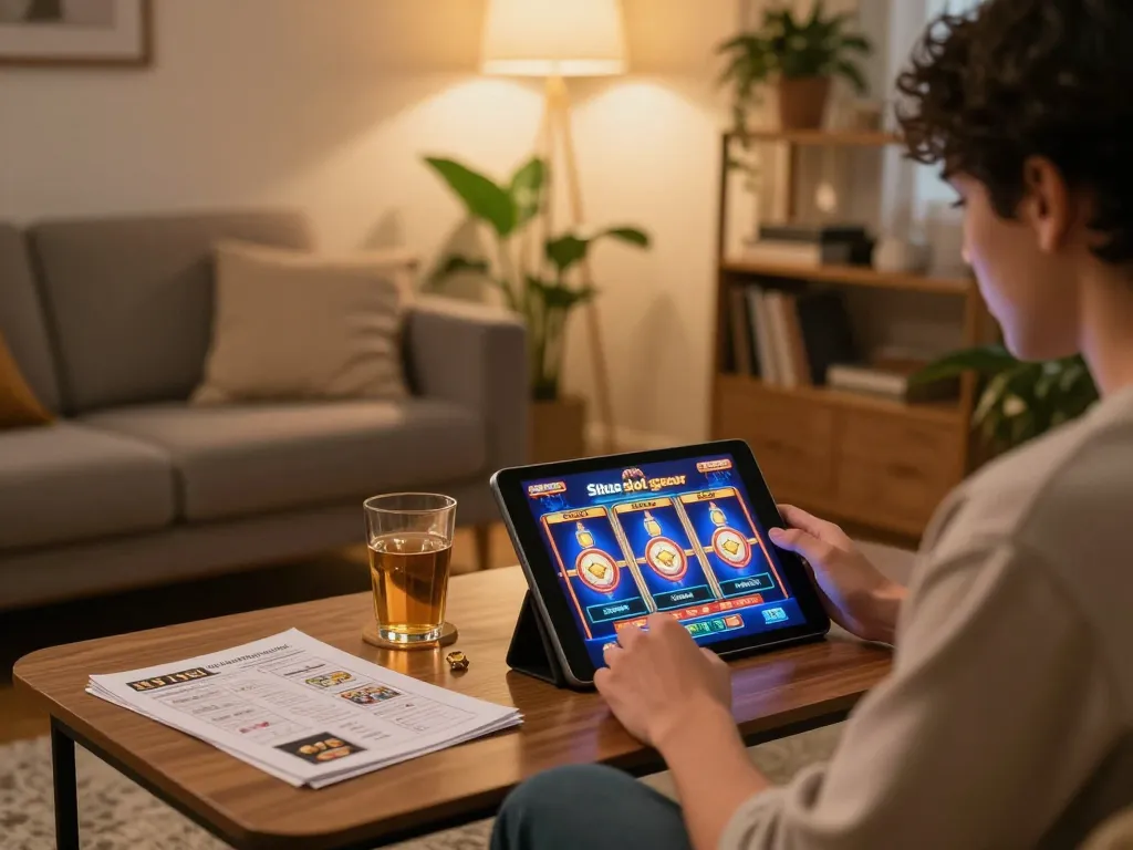 Engaged player enjoying situs slot gacor on tablet in cozy home, showcasing strategic gameplay.