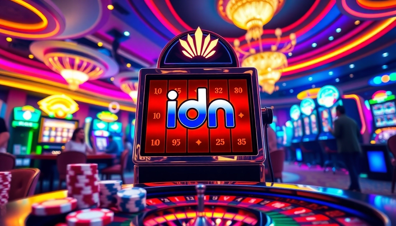 Players enjoy the thrill of idn slot machines in a vibrant casino atmosphere, complete with poker chips and roulette.