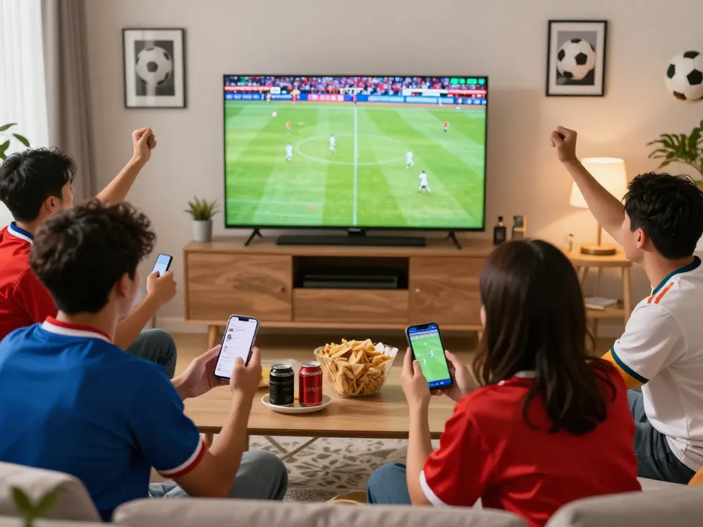 CakhiaTV viewers enjoying a live football match in a lively home setting.