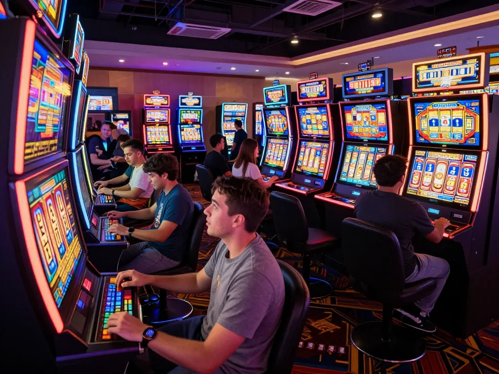 Players enjoying exciting slot games with vibrant machines in a lively casino atmosphere