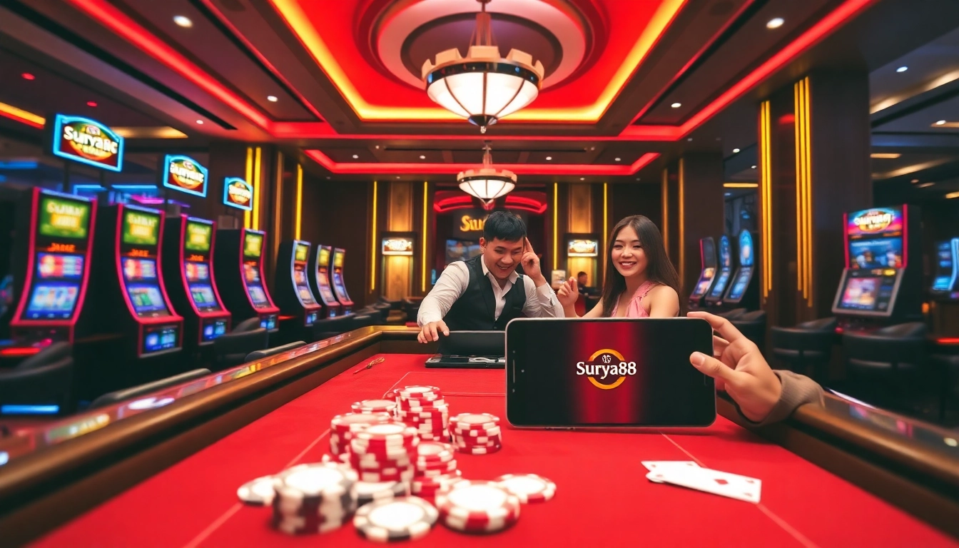 Pemain menikmati pengalaman bermain yang menarik di kasino online Surya88 dengan mesin slot yang berwarna-warni.