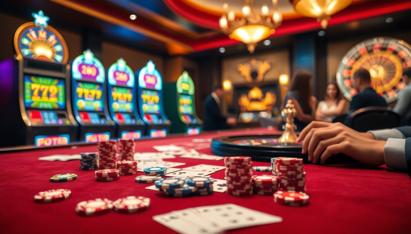 Experience the thrill of game đánh bài đổi thưởng at a luxurious casino with vibrant tables and engaged players.