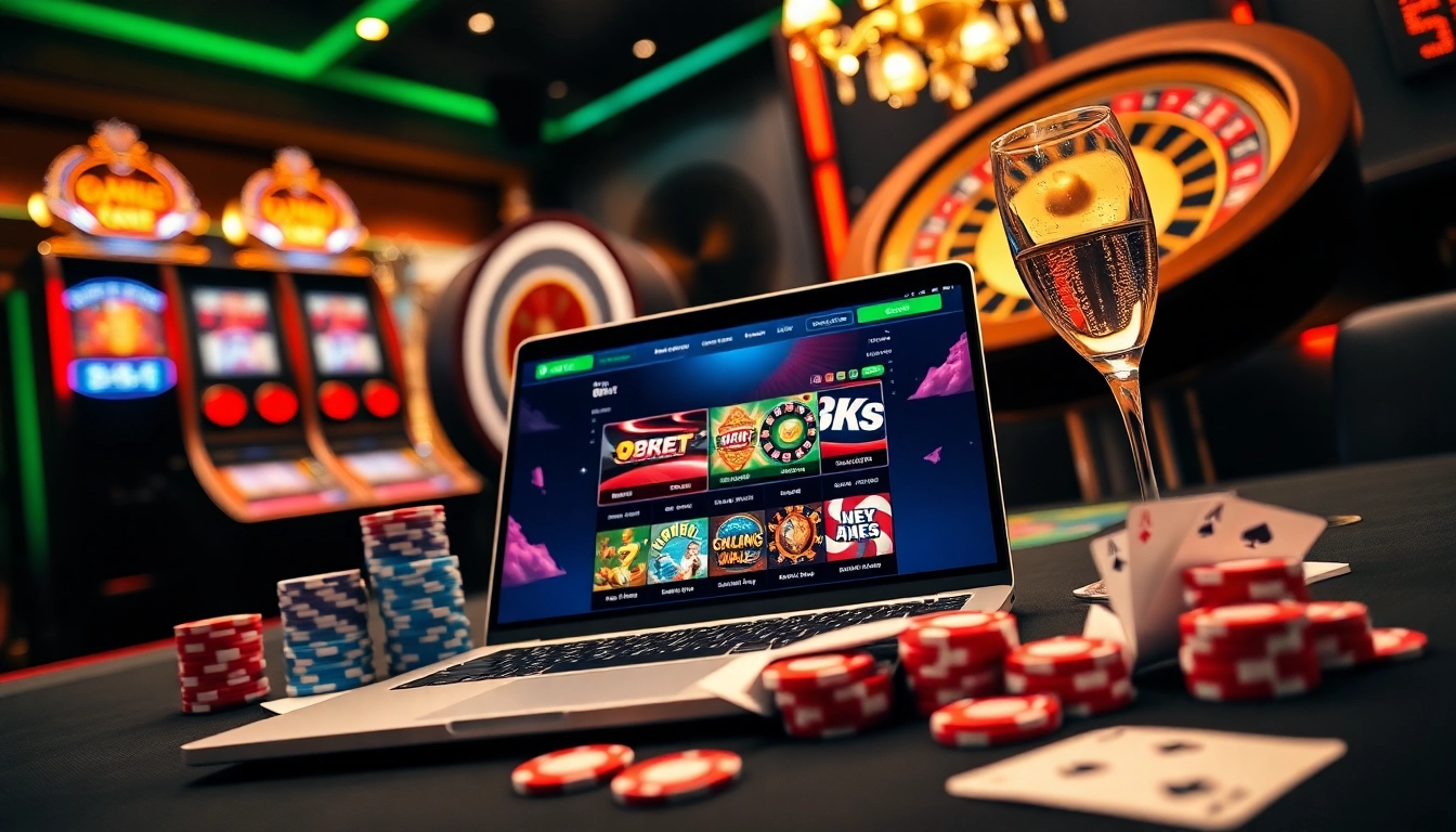 Experience the thrill of gambling at 8kbet with an inviting casino scene featuring slots and poker chips.