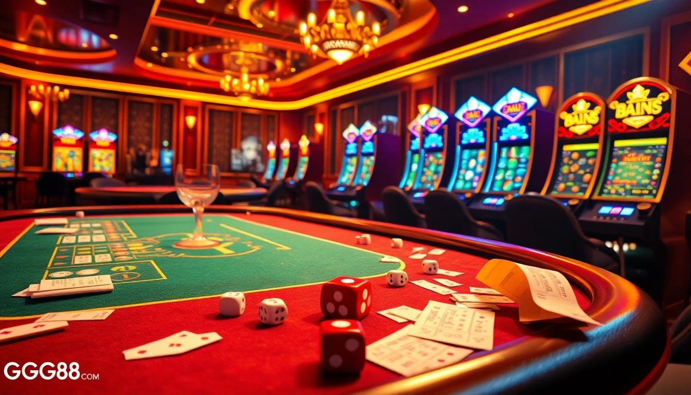 Experience thrilling wins with GG88 COM in a luxurious casino setting featuring poker tables and slot machines.