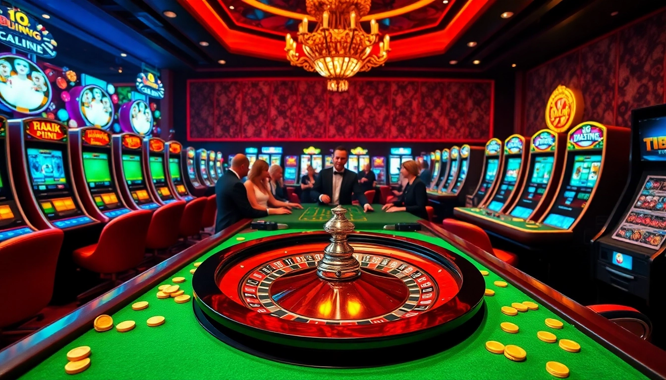 A vibrant casino scene depicting a roulette wheel, poker chips, and players enjoying games; https://bem88.com captured in action.