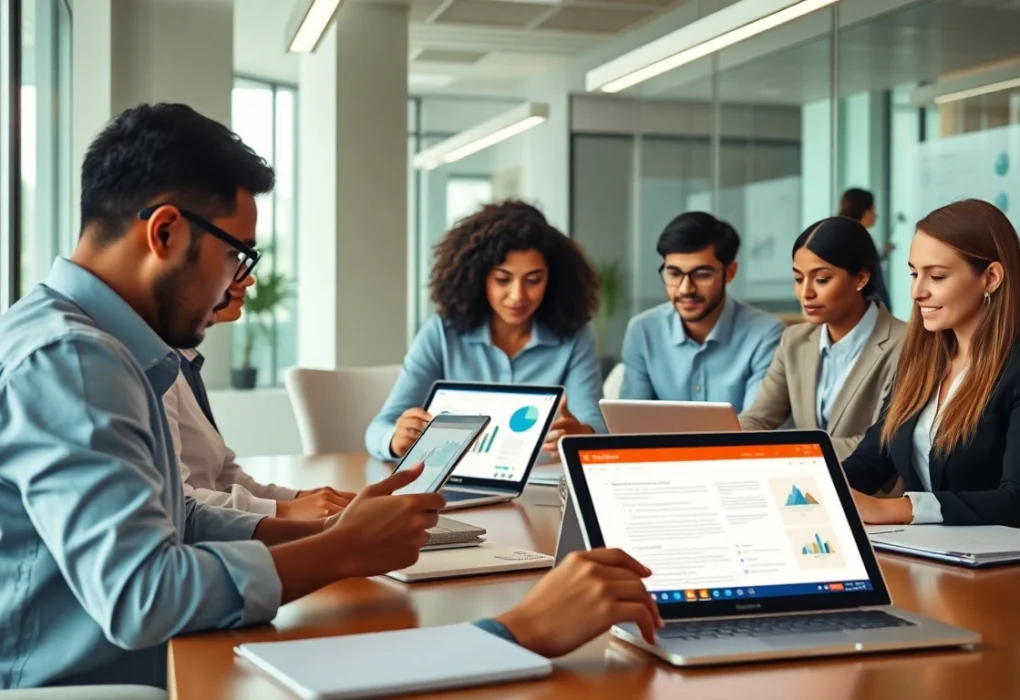 协作专业人士在现代工作空间中使用WPS Office，体现了wps官网的生产力。