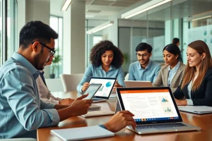 协作专业人士在现代工作空间中使用WPS Office，体现了wps官网的生产力。