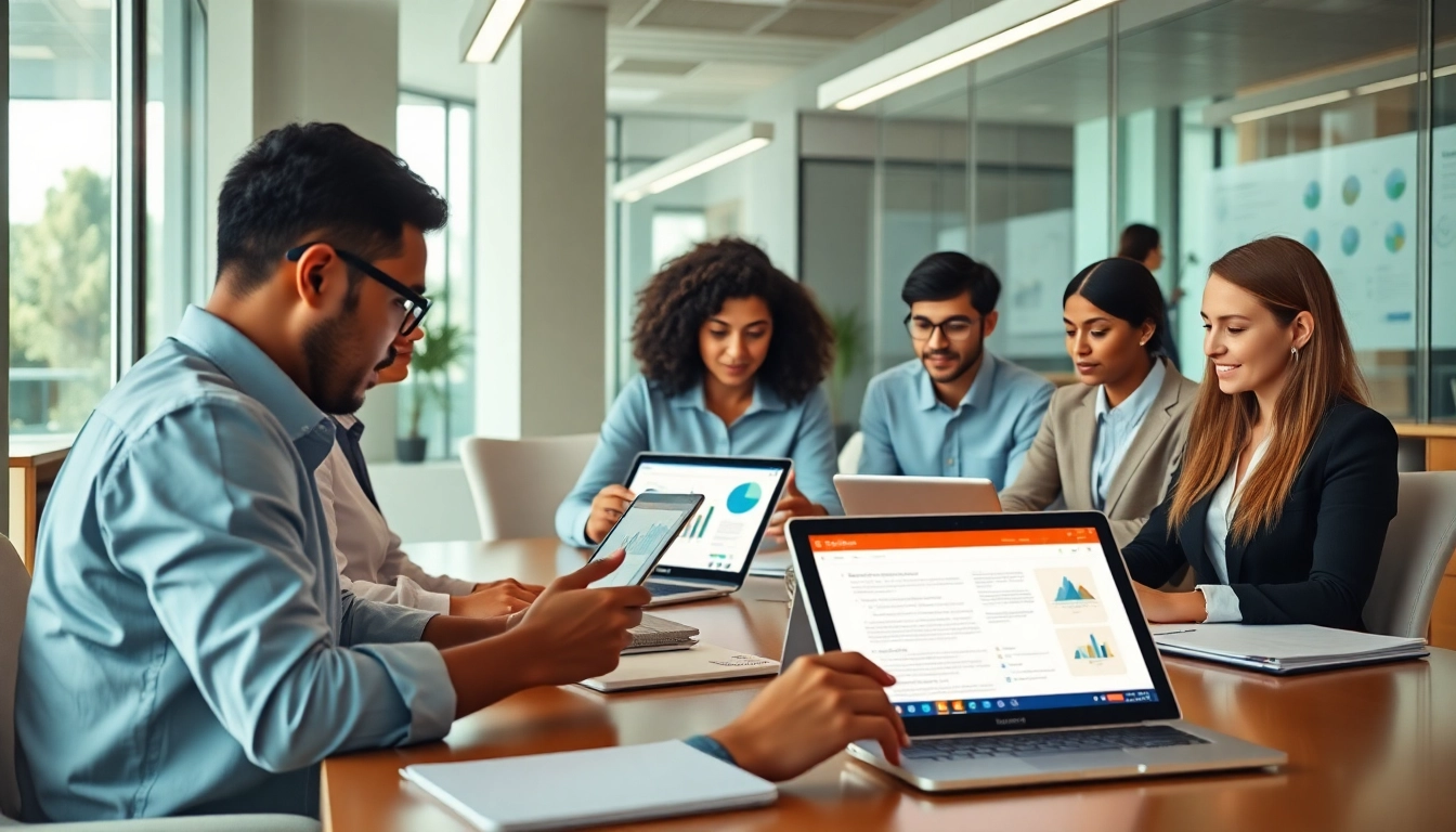 协作专业人士在现代工作空间中使用WPS Office，体现了wps官网的生产力。