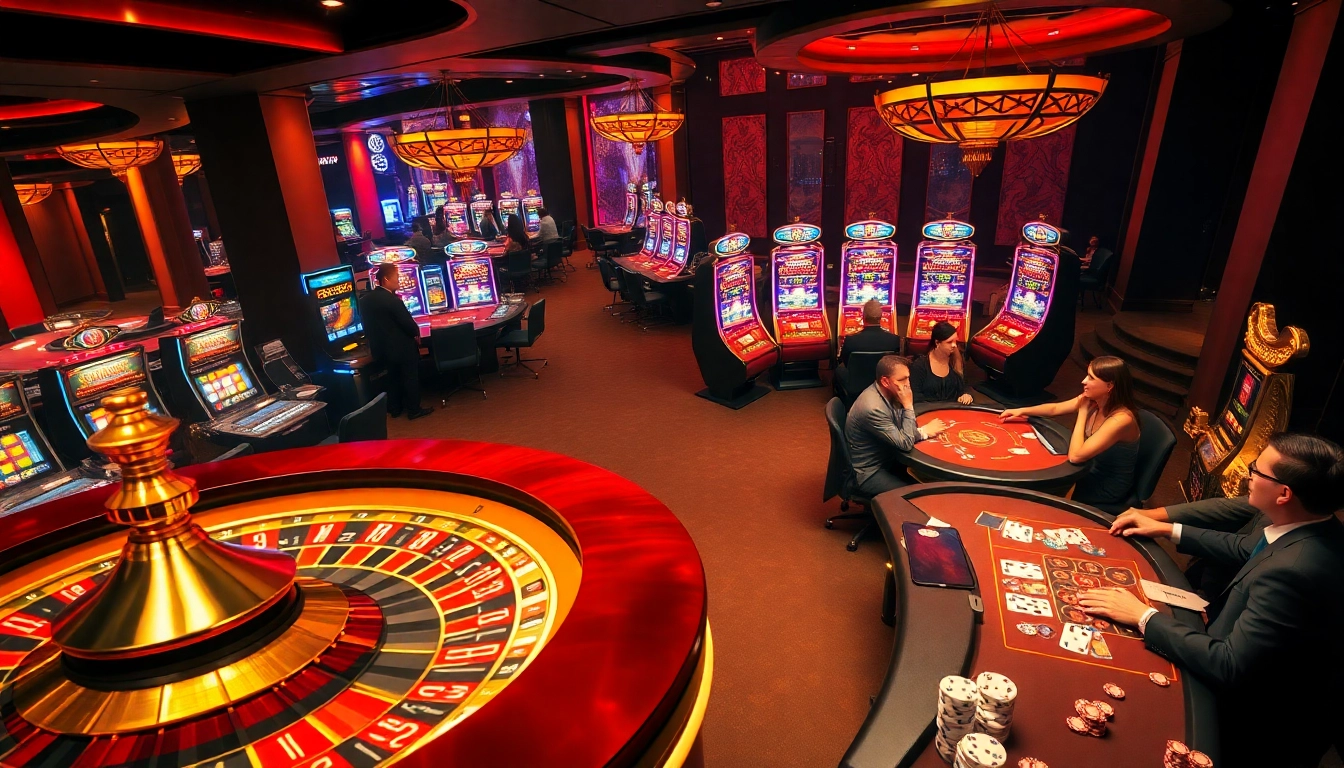 High-stakes gambling scene featuring s88 slot machines and poker tables, evoking excitement and luxury.