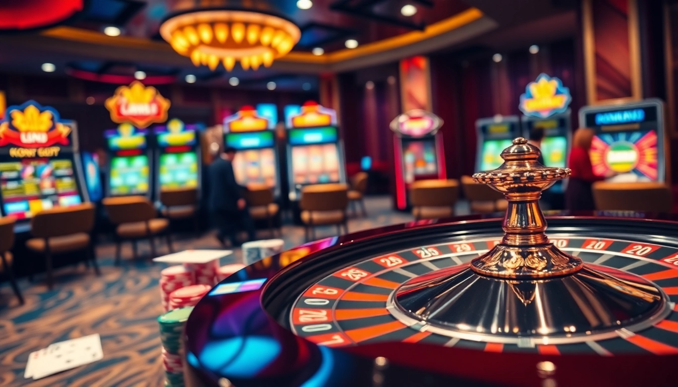 KONG88 casino scene with roulette wheel and poker chips, showcasing luxurious gambling excitement.