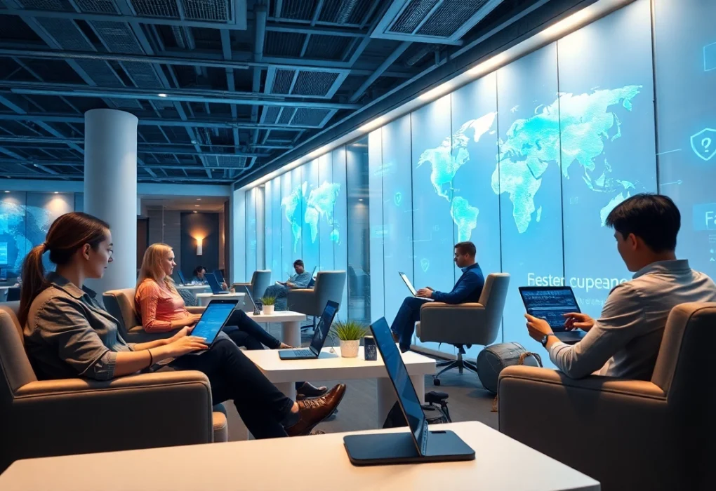 通过快连官网在现代办公室环境中快速访问互联网，用户在设备上参与活动。