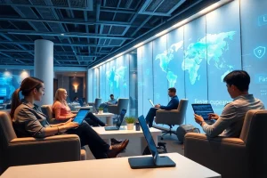 通过快连官网在现代办公室环境中快速访问互联网，用户在设备上参与活动。