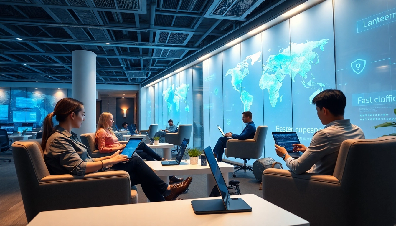 通过快连官网在现代办公室环境中快速访问互联网，用户在设备上参与活动。